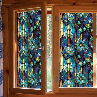 1 Roll Of Retro Frosted Thick Painted Blue Green Gemstone Like Flowers, Plants, Geometric Patterns, Glass Film, Bohemian Style DIY Home Decoration, Adhesive Free, Electrostatic Adsorption, Semi Transparent, Heat-Insulating, Shading, Sunscreen Window Stickers Suitable For Home Bathroom Doors, 3D Colored Glass Film, Glass Stickers,Stickers,Wall Decal, Vinyl Decal For Home Decorations,Spring Decoration Items Refresh Your Home,Rama Decoration Stickers Gifts Birthday Graduation