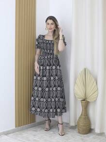 Printed A-Line Crepe Dress 40-46 With Lining And Stretch 9837EST - 黑與白 - 查看 1