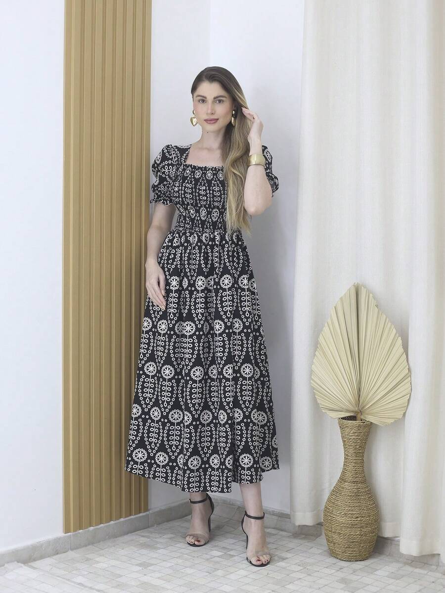 Printed A-Line Crepe Dress 40-46 With Lining And Stretch 9837EST - 黑與白 - 查看 1