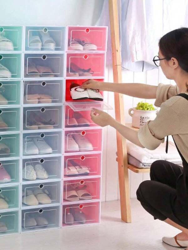 Estuche de plástico plegable para zapatos, Caja apilable transparente gruesa, Organizador a prueba de polvo, 6 pz