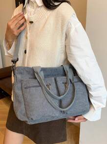 大容量时尚简约单肩手提包，带多个口袋，适合上学、工作、通勤和旅行 - 灰色 - 查看 5