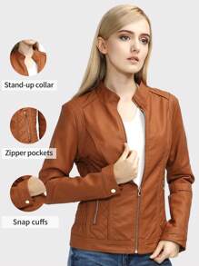 Women's PU Leather Jacket - Elegant Minimalist, With Belt, Pockets, Zipper, Suitable For Autumn, Winter, Spring - Brown - View 2