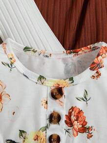 3pcs/Set Baby Girls Floral Print Solid Ribbed Button Strap Dress Set - Multicolor - View 4