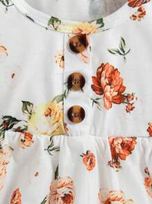 3pcs/Set Baby Girls Floral Print Solid Ribbed Button Strap Dress Set - Multicolor - View 3