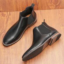 男士切尔西靴，通勤商务风格，橡胶木跟，休闲复古踝靴 - 黑色 - 查看 3
