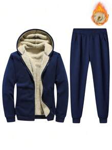 男士保暖内衬拉链连帽衫和运动裤，秋冬装 - 寶藍色 - 查看 1