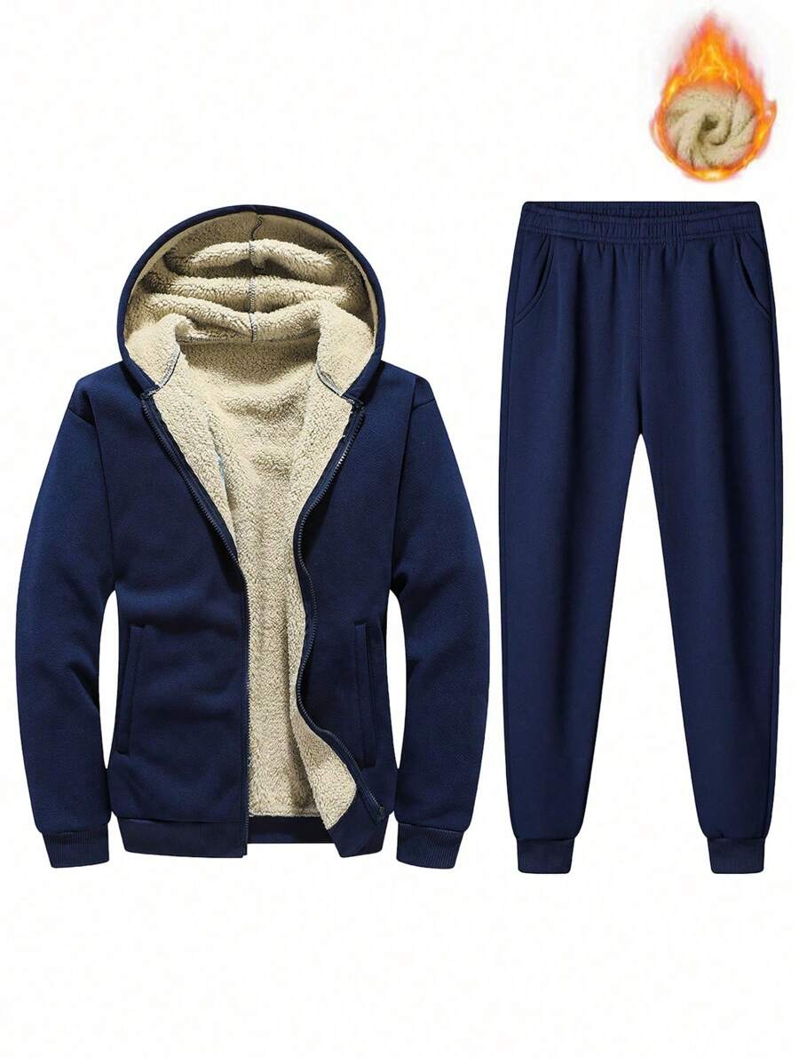 男士保暖内衬拉链连帽衫和运动裤，秋冬装 - 寶藍色 - 查看 1