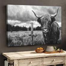 1pc Framed Highland Cow Wall Art Animals Poster Black And White Nature Prints Rustic Highland Cow Print Cow Wall Art Print Farmhouse Decor Farmhouse Artwork For Living Room Bedroom Office Decor - 淺灰色 - 查看 4
