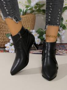 秋冬新款时尚细跟派对连衣裙女高跟踝靴侧拉链尖头英伦风黑色靴子，女靴，猫跟 - 黑色 - 查看 6