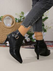 秋冬新款时尚细跟派对连衣裙女高跟踝靴侧拉链尖头英伦风黑色靴子，女靴，猫跟 - 黑色 - 查看 8