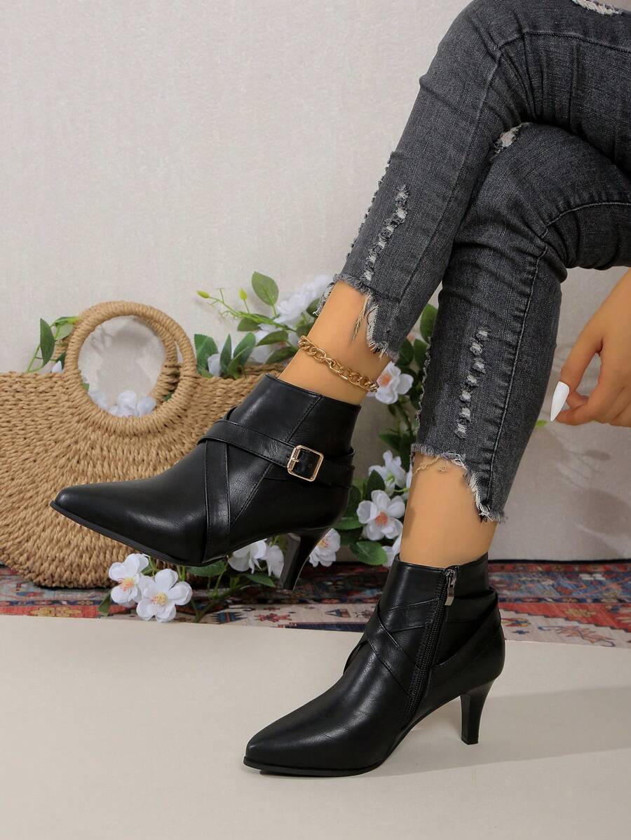 秋冬新款时尚细跟派对连衣裙女高跟踝靴侧拉链尖头英伦风黑色靴子，女靴，猫跟 - 黑色 - 查看 1