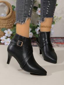 秋冬新款时尚细跟派对连衣裙女高跟踝靴侧拉链尖头英伦风黑色靴子，女靴，猫跟 - 黑色 - 查看 7