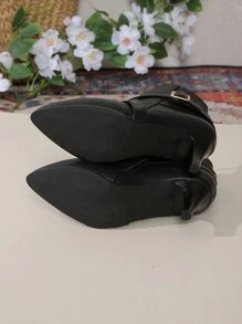 秋冬新款时尚细跟派对连衣裙女高跟踝靴侧拉链尖头英伦风黑色靴子，女靴，猫跟 - 黑色 - 查看 4