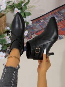 秋冬新款时尚细跟派对连衣裙女高跟踝靴侧拉链尖头英伦风黑色靴子，女靴，猫跟 - 黑色 - 查看 5