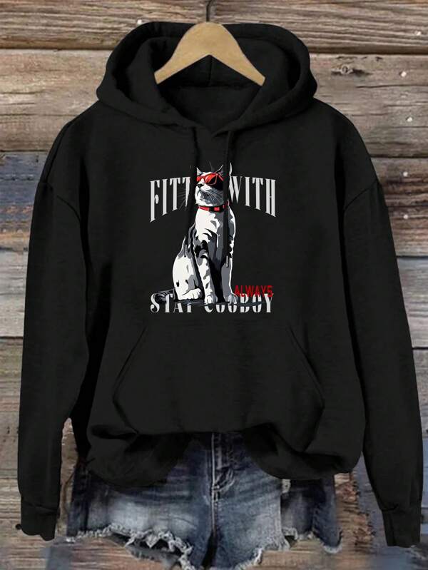 Moletom com capuz estampado de gato outono/inverno, forro térmico e grosso