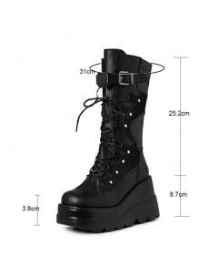 Stylish Punk Goth Women Boots Rivets Motorcycles Fight Lace-Up Platform Wedge Chunky Heel Shoes Women Luxury Nightclub Boots - màu đen - Xem 7