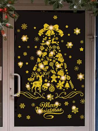 4 Packs Gold And Silver Powder Christmas Tree Window Sticker Glass, DIY Static Wall Window Door Mural Display Decal Sticker, Flash Static Glass Sticker,Christmas