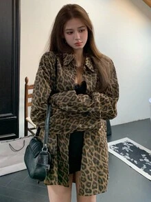 Oversized Retro American Style Casual Jacket, Long Sleeve Top With Unique Design - Brown - View 4