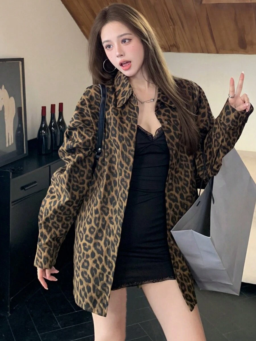 Oversized Retro American Style Casual Jacket, Long Sleeve Top With Unique Design - Brown - View 1