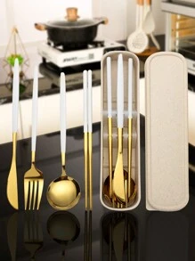 5 件便携式餐具套装，高品质不锈钢，含刀、勺、叉、筷子、储物盒 - 非常适合旅行、办公室、学校、野餐、定制家庭套装、派对和婚礼、学校用品