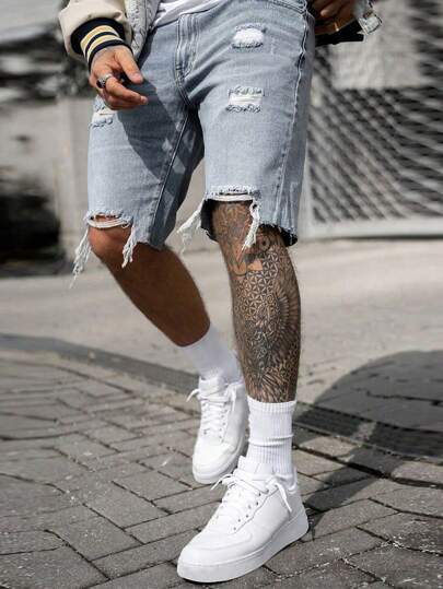 Men New Summer Fashion Ripped Denim Shorts Jorts