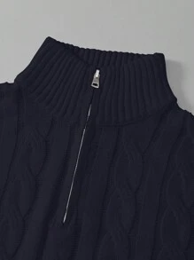 复古简约学院风休闲英伦老钱风格靛蓝色圆领半拉链抽绳针织花卉长袖罗纹毛衣，适合新年、情人节、派对、春季、秋季、冬季叠穿，男士 - 藏蓝色 - 查看 8