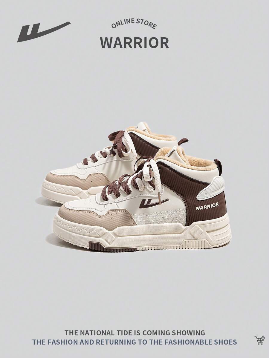 WARRIOR 女士休闲高帮系带运动鞋，保暖毛绒内衬，户外轻便舒适防滑拼色运动鞋 - 卡其色 - 查看 1