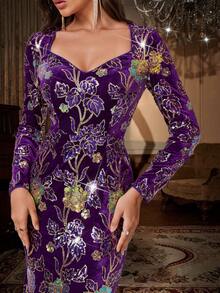 优雅长袖亮片美人鱼晚礼服，正式舞会礼服，适合婚礼嘉宾、毕业典礼、晚宴 - 紫色 - 查看 6