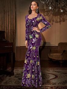 优雅长袖亮片美人鱼晚礼服，正式舞会礼服，适合婚礼嘉宾、毕业典礼、晚宴 - 紫色 - 查看 5