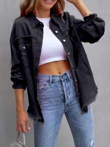 Women's Ripped Distressed Denim Jacket Long Sleeve Button Down Boyfriend Jean Coat Trucker Jacket - Black - View 3