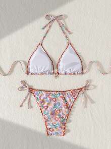 2pcs Women Floral Print Spaghetti Strap Bikini Set, Spring/Summer - Multicolor - View 2