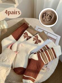 4 Pairs Fashion Cute Winter Warm Thermal Socks Thickened Version, Women's Crew Socks Stockings, Thick Warm Thigh-High Socks, Thermal Lined Thick, Home Sleeping Socks, Terry-Loop Hosiery - Multicolor - View 12