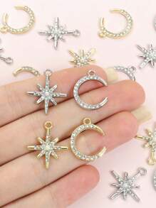 10pcs Sparkling Crescent Moon & Eight-Pointed Star Charms With Rhinestones Faux Pearl Decor - Daily Dating Wearing Stylish Simple Jewelry Making Accessories Elegant Necklace, Bracelet, Earrings And Four Seasons Clothing Decorations DIY Star & Moon Shape Alloy Pendants - Ideal Choice For Eid, Ramadan Gifts