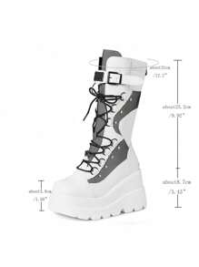 Stylish Punk Goth Women Boots Rivets Motorcycles Fight Lace-Up Platform Wedge Chunky Heel Shoes Women Luxury Nightclub Boots - 白色 - 查看 5
