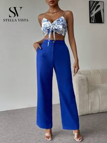 SV Conjunto social feminino, blusa estampada + calça pantalona de alfaiataria. - Azul - Visão 1