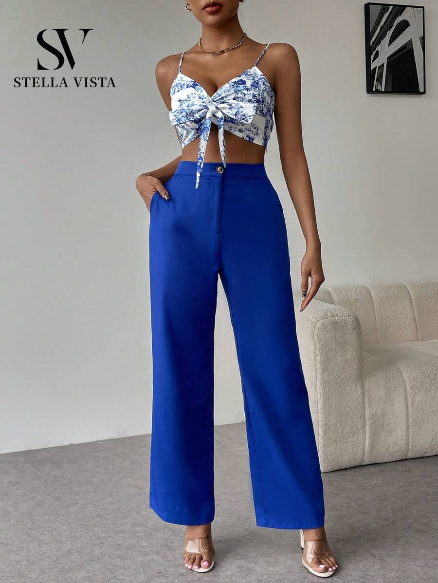 SV Conjunto social feminino, blusa estampada + calça pantalona de alfaiataria. - Azul - Visão 1