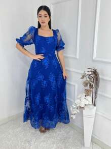 Luxury Long Dress Tulle Party Embroidered Short Sleeve - 寶藍色 - 查看 2