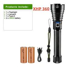 Đèn pin LED XHP360 công suất cao mới với ánh sáng mạnh sử dụng pin 18650/26650 có thể sạc lại, đèn pin chiến thuật có thể thu phóng dạng ống lồng mạnh mẽ, đèn lồng LED săn bắn ngoài trời, đèn cắm trại, đèn chiếu sáng đi bộ đường dài - màu đen - Xem 12