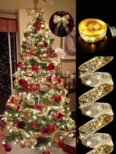 1 buc Luminițe de Crăciun cu panglică, 1M/2M/5M/10M, Luminițe aurii de Crăciun, Ghirlandă aprinsă cu panglică, Brad de Crăciun, Coroană aurie, Lumină decorativă de Crăciun, Decorațiuni pentru petreceri de interior și exterior (Alimentate cu baterii) Decorațiuni de Crăciun Decor de cameră de iarnă Decorațiuni de Crăciun Acasă Cadouri de Crăciun Decor de Crăciun