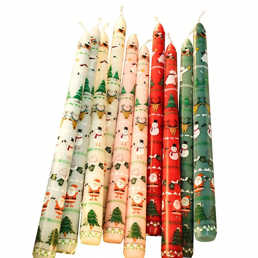 2pcs, 25cm/9.84in Christmas Long Stem Smokeless Printed Soy Wax Candles, Suitable For Various Holiday Decorations, Holiday Gifts, Holiday Celebrations, Home Decor Candles, And Lighting Candles.