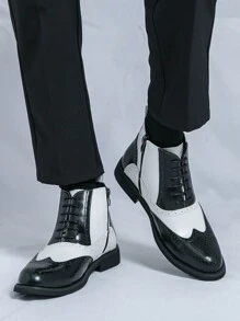 Botas de tobillo de punta puntiaguda con cordones de dos tonos para hombres - Blanco y Negro - Ver 1
