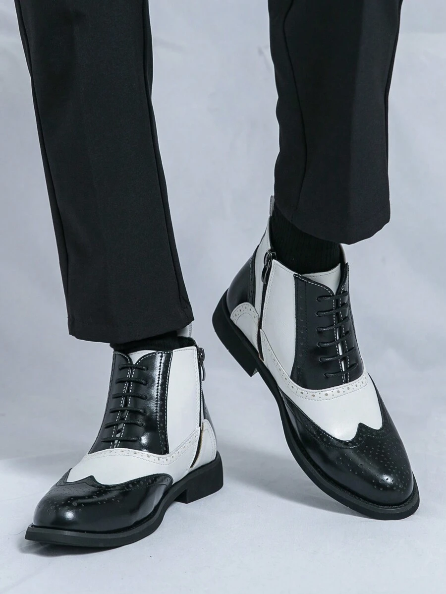 Botas de tobillo de punta puntiaguda con cordones de dos tonos para hombres - Blanco y Negro - Ver 1
