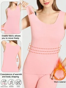 无缝保暖下装，中等厚度抓绒，快速加热，双面无袖紧身保暖内衣上衣，冬季女士款 - 粉色 - 查看 1