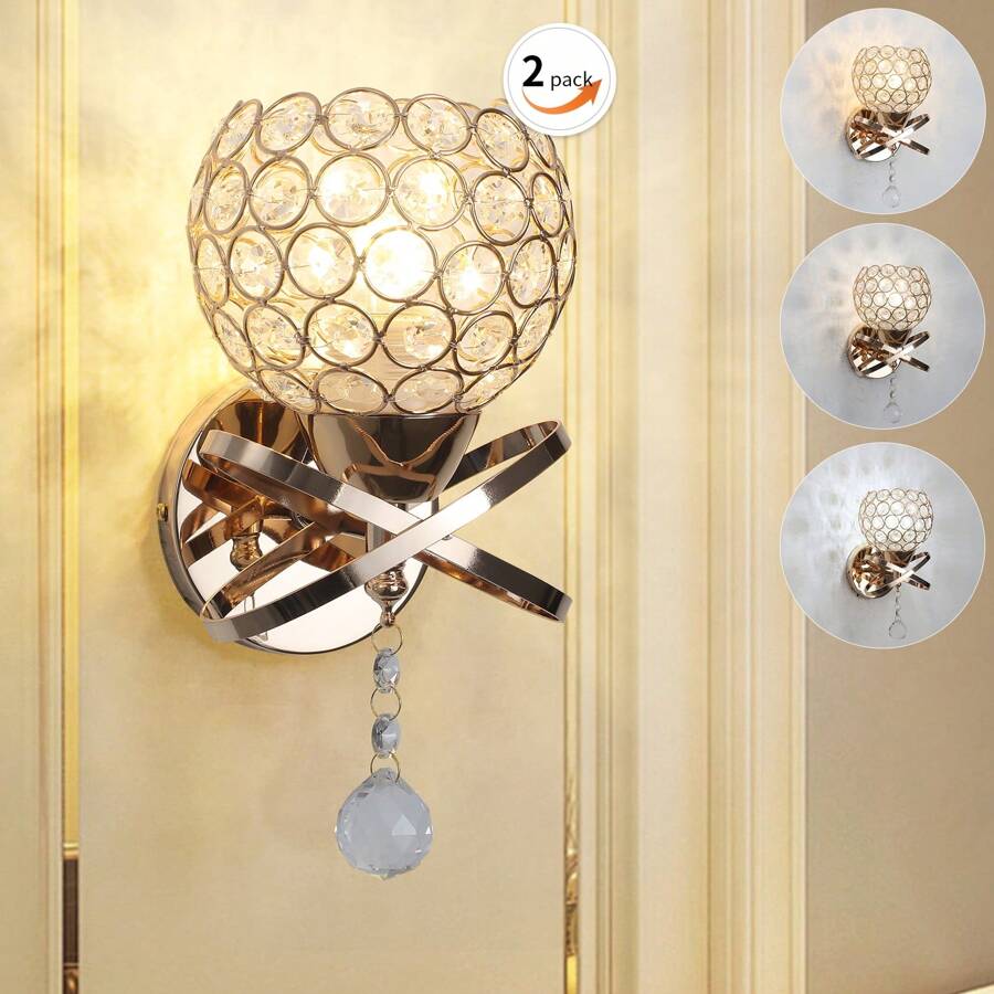 2 piezas de lámpara de pared de cristal, lámpara de pared de lujo con bola de cristal colgante, lámpara de pared montada adecuada para dormitorio, sala de estar, pasillo (sin bombilla) - Dorado - Ver 1