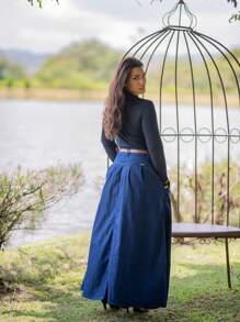 Long Denim Skirt With Belt And Buttons Lightweight Fabric - 深色水洗藍 - 查看 3