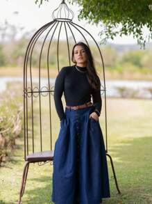 Long Denim Skirt With Belt And Buttons Lightweight Fabric - 深色水洗藍 - 查看 2