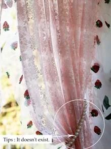 1 件，复古粉色花卉提花薄纱窗帘，带亮片草莓荷叶边花边，浪漫咖啡厅门帘厨房家居装饰薄纱窗帘