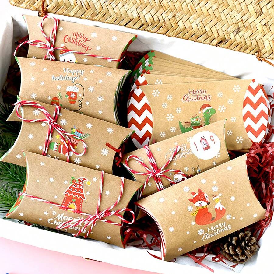 24 pièces Boîtes à coussins en papier kraft de Noël avec corde et autocollant, motif décoratif de Père Noël, bonhomme de neige, sapin de Noël. Boîtes d'emballage pour cadeaux de fête de Noël.