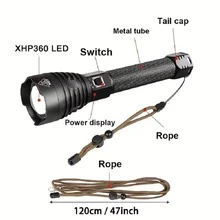 Đèn pin LED XHP360 công suất cao mới với ánh sáng mạnh sử dụng pin 18650/26650 có thể sạc lại, đèn pin chiến thuật có thể thu phóng dạng ống lồng mạnh mẽ, đèn lồng LED săn bắn ngoài trời, đèn cắm trại, đèn chiếu sáng đi bộ đường dài - màu đen - Xem 9