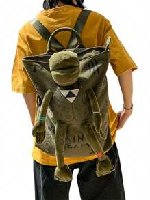 Women Men Backpacks, Graffiti Inlaid Plush Frog Monster Zip Large Capacity School Backpack, Travel Adjustable Outdoor Rucksacks - A - View 7